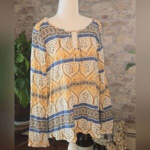 Roxy Navy and Gold Patterned Fabric Blouse XL